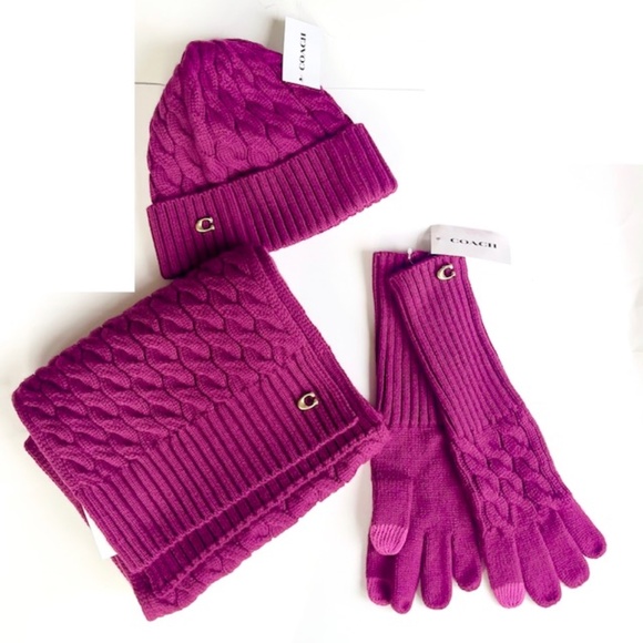 Coach Winter Hat,. Gloves &  Scarf Set. Deep Plum. NWT - Picture 1 of 6